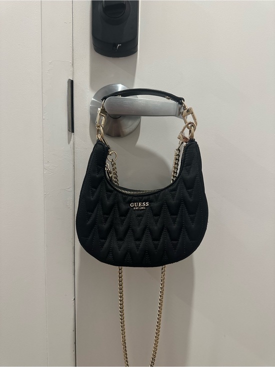 Guess Handbags - GUESS Black Quilted Crescent Mini Shoulder Bag with Gold Hardware